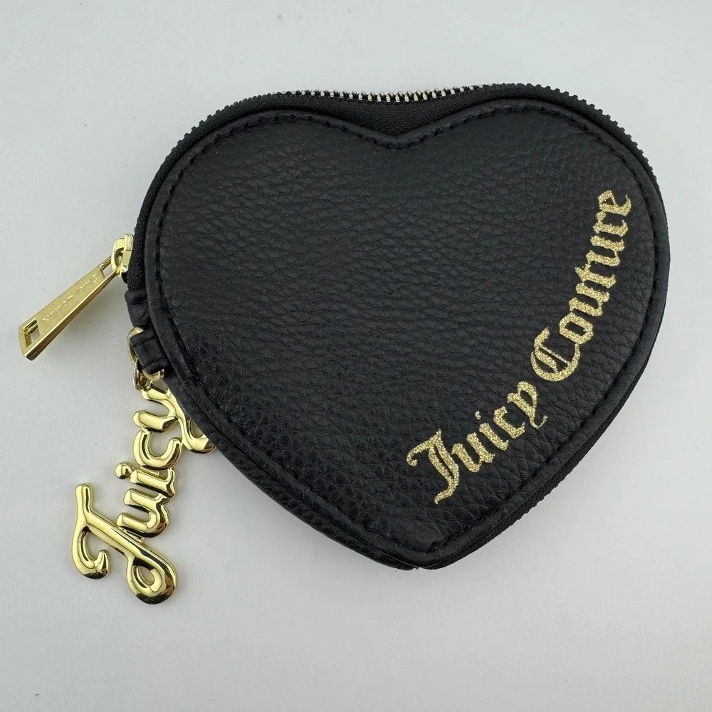 Juicy Couture Black Heart Coin‎ Purse Gold Logo Charm Pebbled Faux Leather Pouch